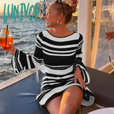 Lunivop Fashion Striped Sexy Backless Mini Dresses Autumn Club Party Flare Sleeve Sweaters For